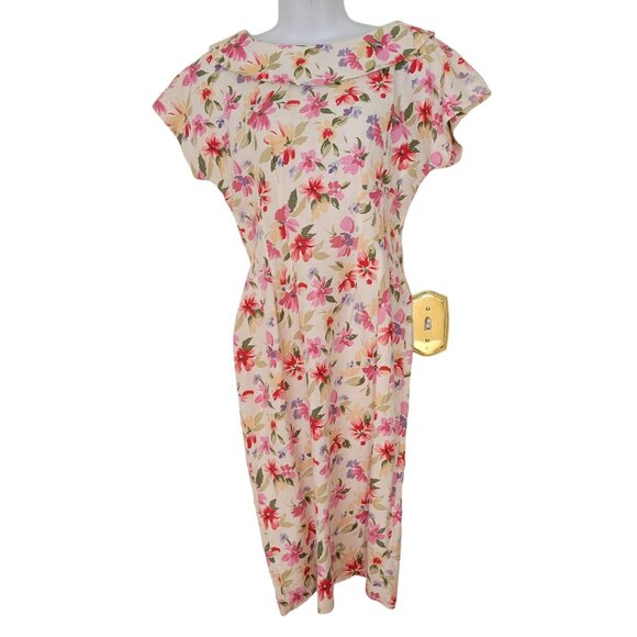 Vintage Floral Maggy London Wiggle Dress 8 Linen Blend Cosplay 50s Costume‎ - Picture 1 of 7